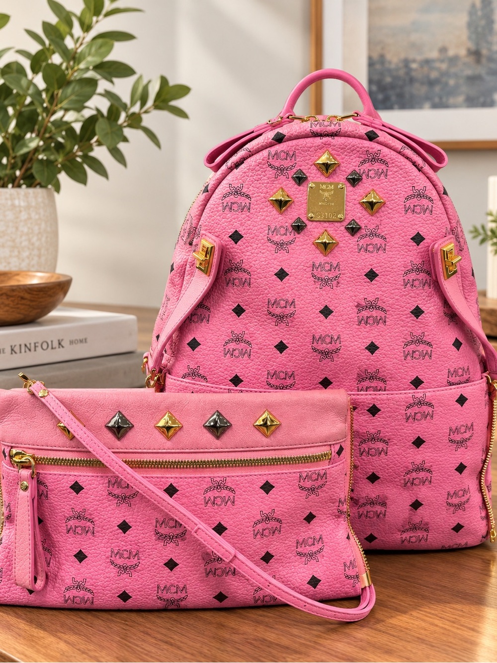 MCM 'Dual Stark' Large Backpack Pink Studded with detachable Crossbody Pouch